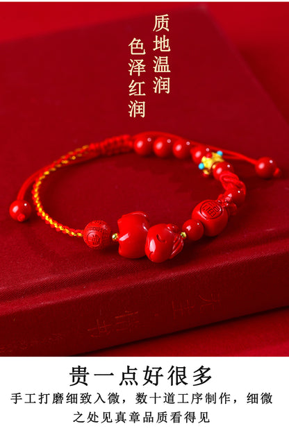 Natural Imperial Red Cinnabar Zodiac Horse Bracelet - Handmade Red String for Birth Year Luck