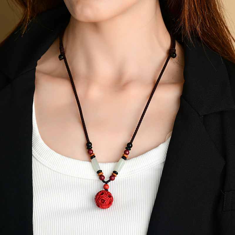 Natural Cinnabar Dragon Phoenix Hollow Ball Pendant Necklace - Auspicious Protection & Harmony