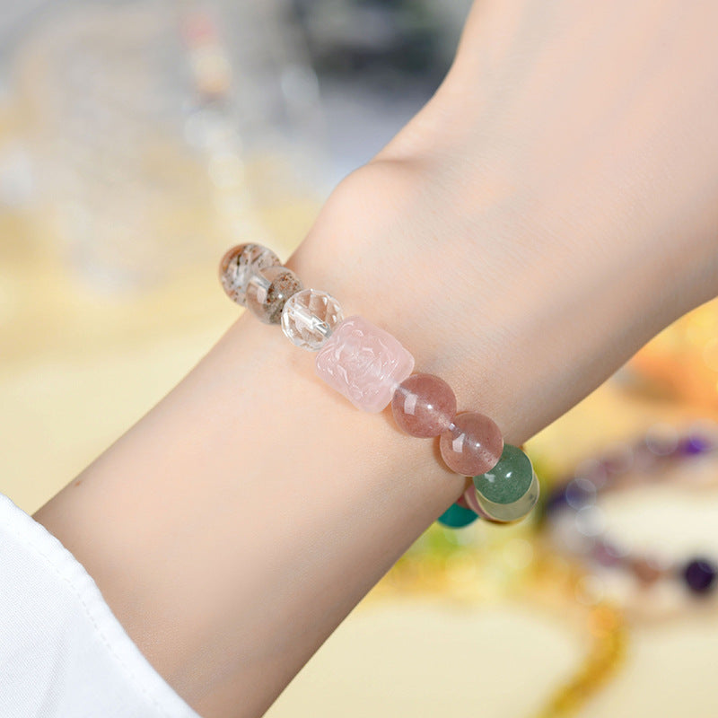 Natural Crystal Multi-Gem Rose Quartz Phoenix Peony Bracelet - Black Gold Super Seven Energy Talisman