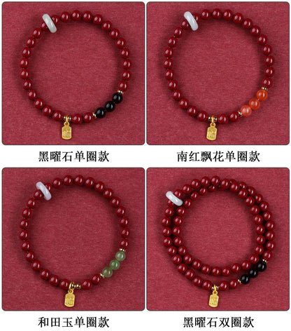 Natural Purple Gold Cinnabar Bracelet with Hetian Jade & Southern Red Obsidian - Spiritual Protection & Wealth Energy