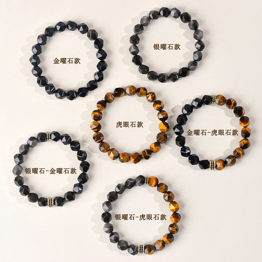 Golden Tiger Eye and Obsidian Faceted Irregular Bracelet - Unisex Couple Protection Charm
