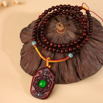 Small Leaf Red Sandalwood Double-Sided Carved Buddhist Bead Necklace - Zen Harmony & Protection