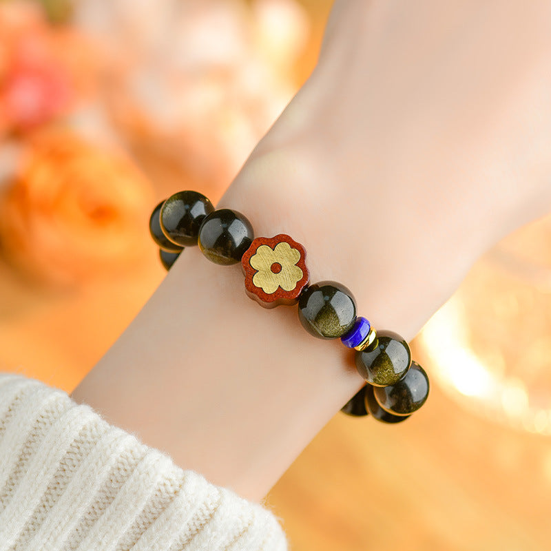 Gold Obsidian Double Eye Bracelet with Lucky Clover - Feng Shui Protection & Wealth Attraction