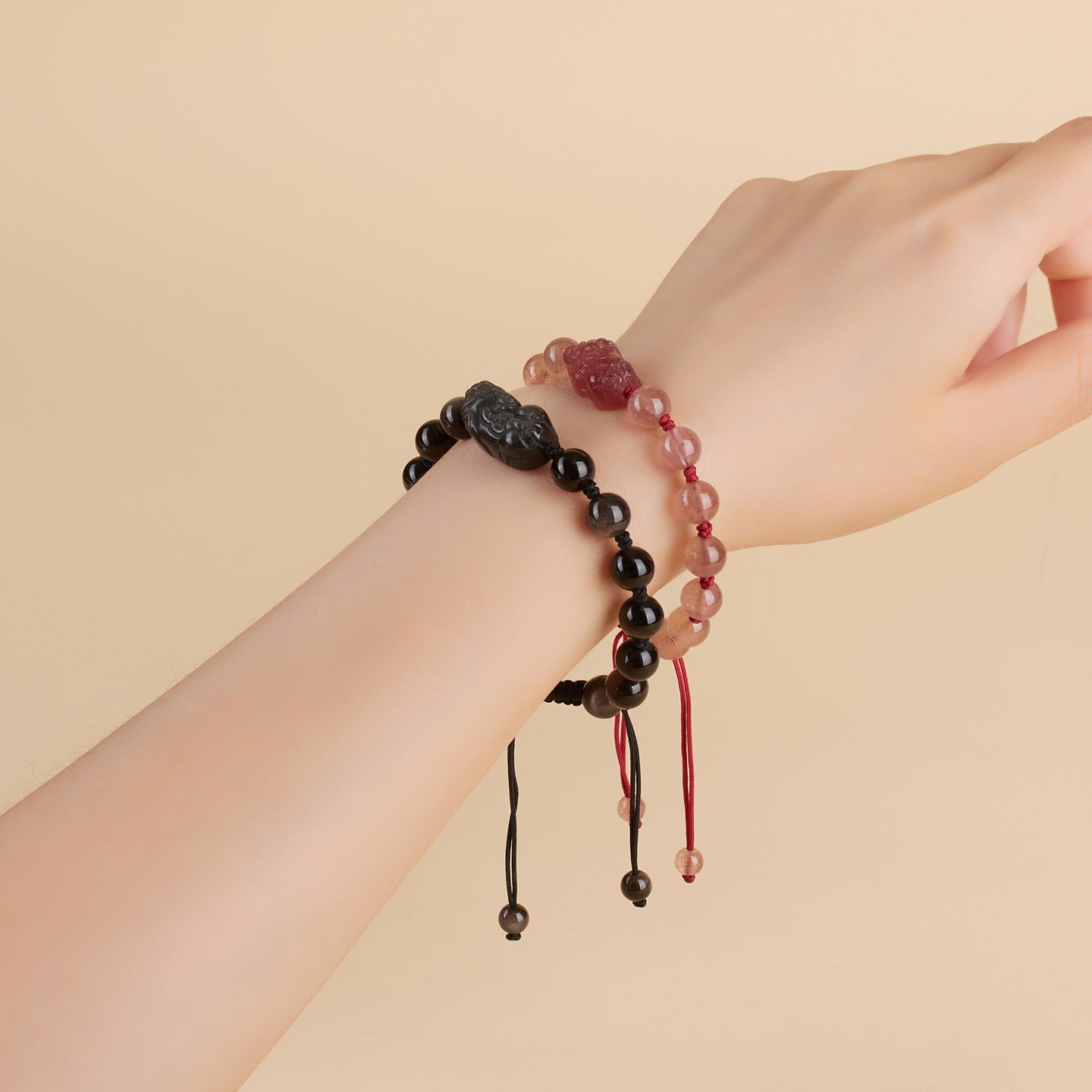 Natural Silver Obsidian Strawberry Crystal Pixiu Couple Bracelet - Hand-Woven for Wealth and Love