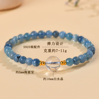 Natural Aquamarine White Crystal Single Circle Bracelet | S925 Silver Elegant Women's Jewelry for Harmony & Protection