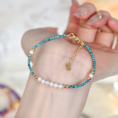 Natural Turquoise Pearl Bracelet with Small Rice Beads - Elegant Women's Custom Jewelry for Protection and Harmony