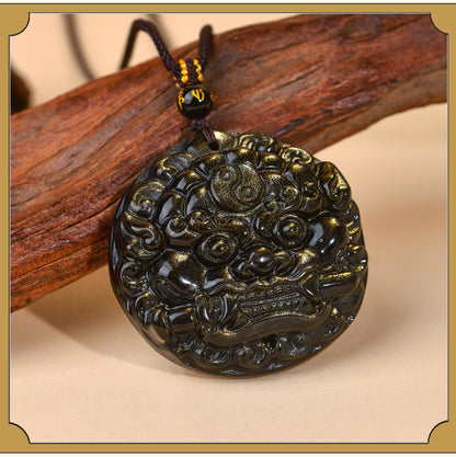Golden Obsidian Bagua Pixiu Pendant Necklace - Spiritual Protection & Wealth