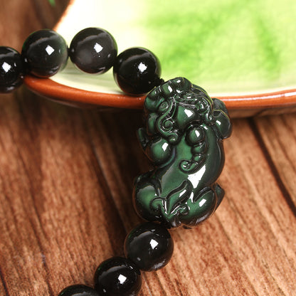 Natural Rainbow Eye Obsidian Pixiu Bracelet - Wealth & Protection Mala for Men and Women
