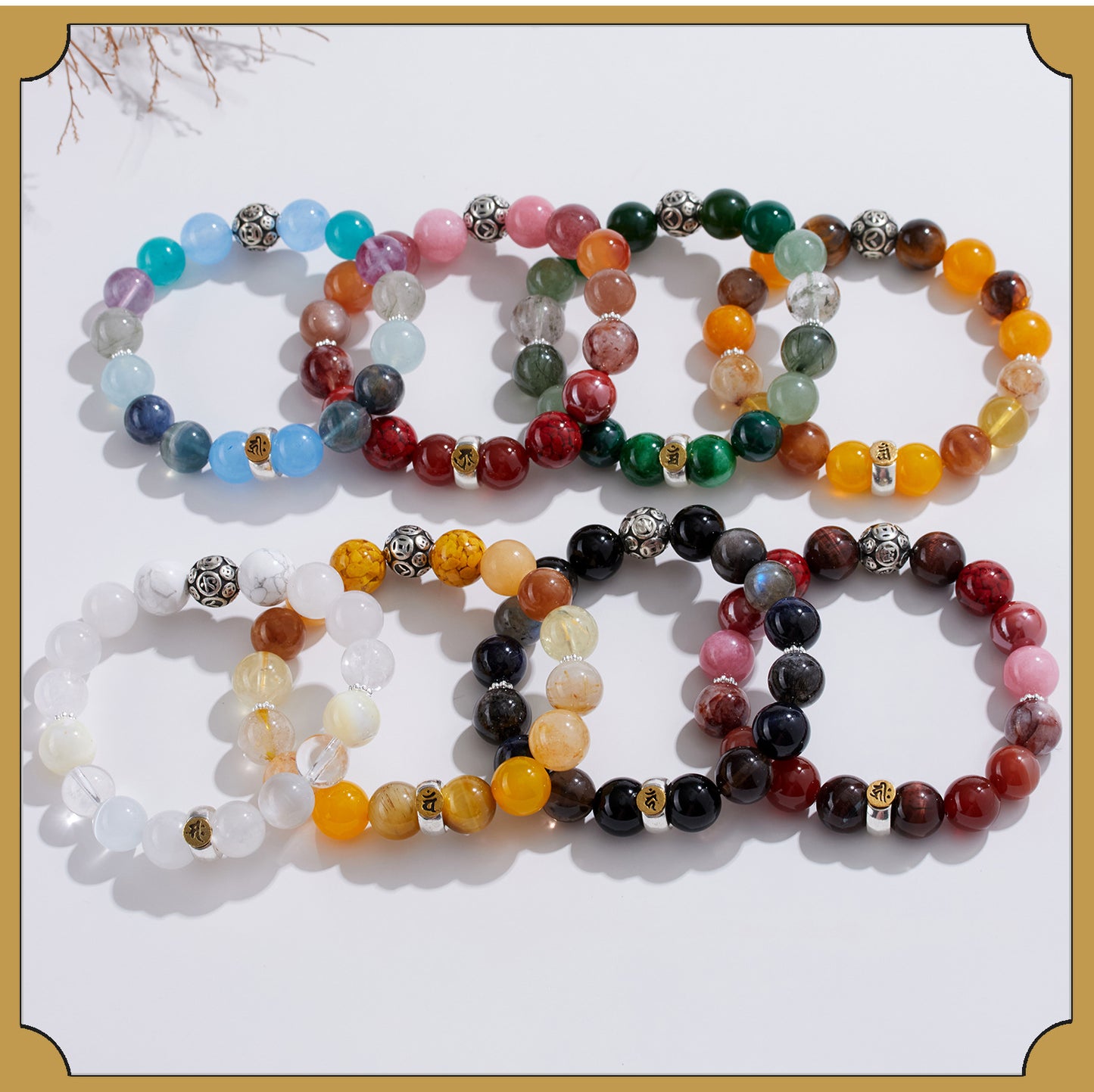 Natural Crystal Multi-Gem Sanskrit Eight Guardian Deities Zodiac Buddha Balance Bracelet