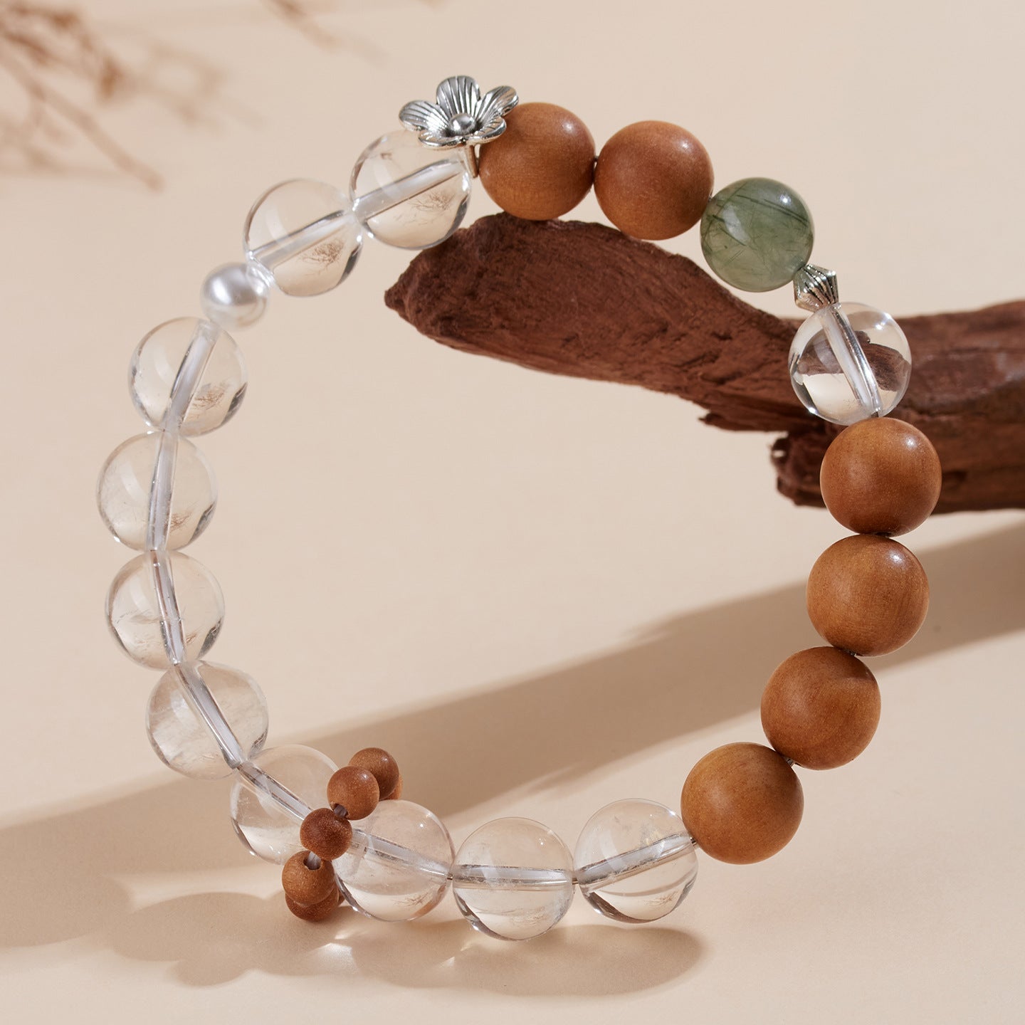 Natural White Crystal Sandalwood Green Rutilated Quartz Bracelet - Zen Buddhist Beads for Spiritual Harmony