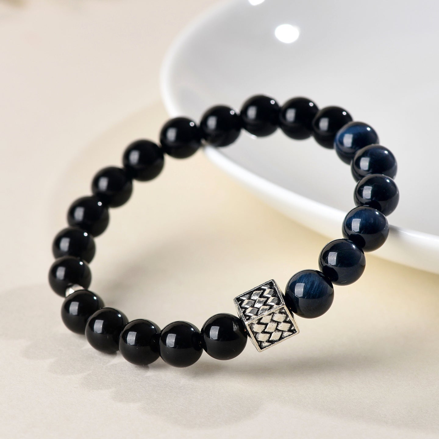 Natural Obsidian Blue Tiger Eye Bracelet | Chinese Style Buddhist Bead for Zodiac Year Protection