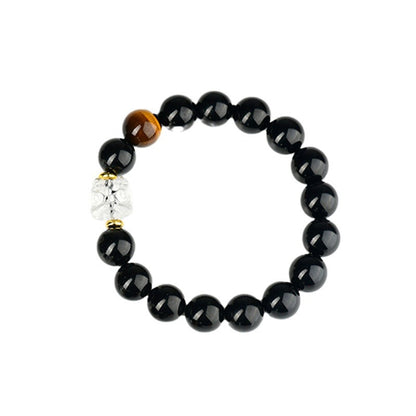 Natural Obsidian Bracelet with White Crystal Lion Awakening - Unisex Spiritual Protection Beaded Jewelry