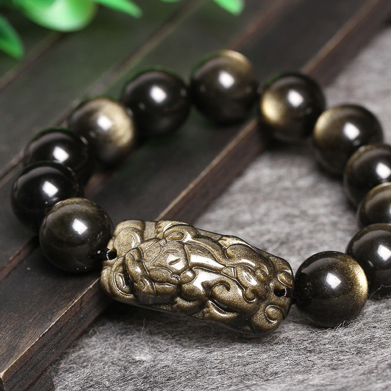 Natural Golden Stone Bracelet with Double Gold Eye Obsidian and Pixiu Charm for Wealth Attraction