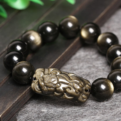 Natural Golden Stone Bracelet with Double Gold Eye Obsidian and Pixiu Charm for Wealth Attraction