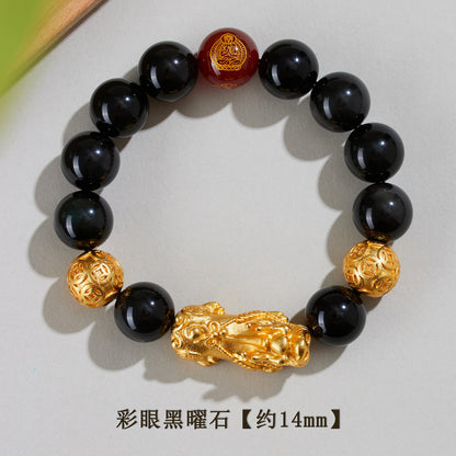 Natural Obsidian Gold Pixiu Zodiac Buddha Bracelet for Wealth Protection and Spiritual Harmony