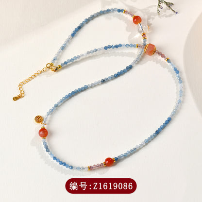 Natural Crystal Aquamarine Southern Red Agate Collarbone Necklace - S925 Silver Elegant Jewelry for Women