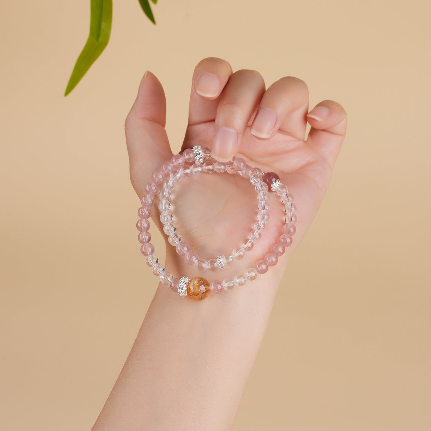 Strawberry Crystal & White Crystal Double Circle Bracelet - Peach Pink Love Charm for Women