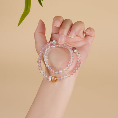 Strawberry Crystal & White Crystal Double Circle Bracelet - Peach Pink Love Charm for Women