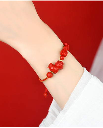 Natural Imperial Red Cinnabar Zodiac Horse Bracelet - Handmade Red String for Birth Year Luck