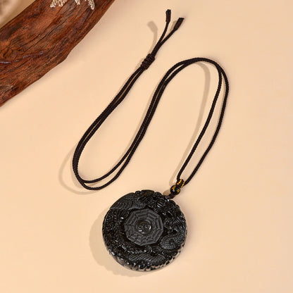 Natural Obsidian Dragon Phoenix Tai Chi Bagua Round Pendant Necklace - Harmony & Protection Amulet
