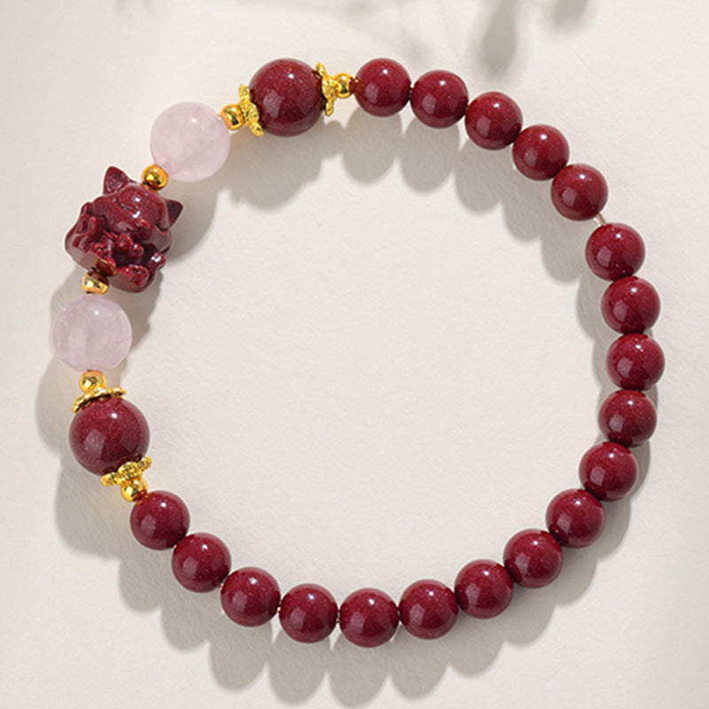 Natural High Content Cinnabar Nine-Tailed Fox Pink Crystal Bracelet - Chinese Artistic Retro Amulet