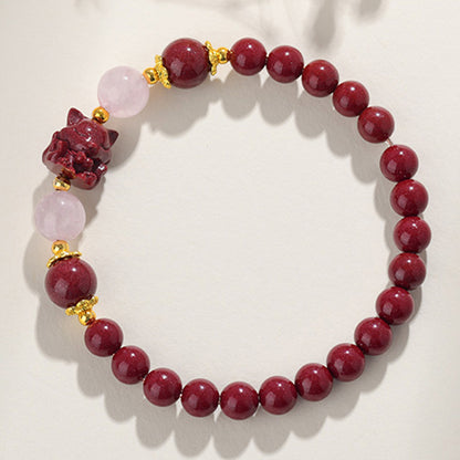 Natural High Content Cinnabar Nine-Tailed Fox Pink Crystal Bracelet - Chinese Artistic Retro Amulet