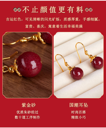 Natural Purple Gold Cinnabar Earrings with S925 Silver Hooks - Elegant National Trend Women's Jewelry