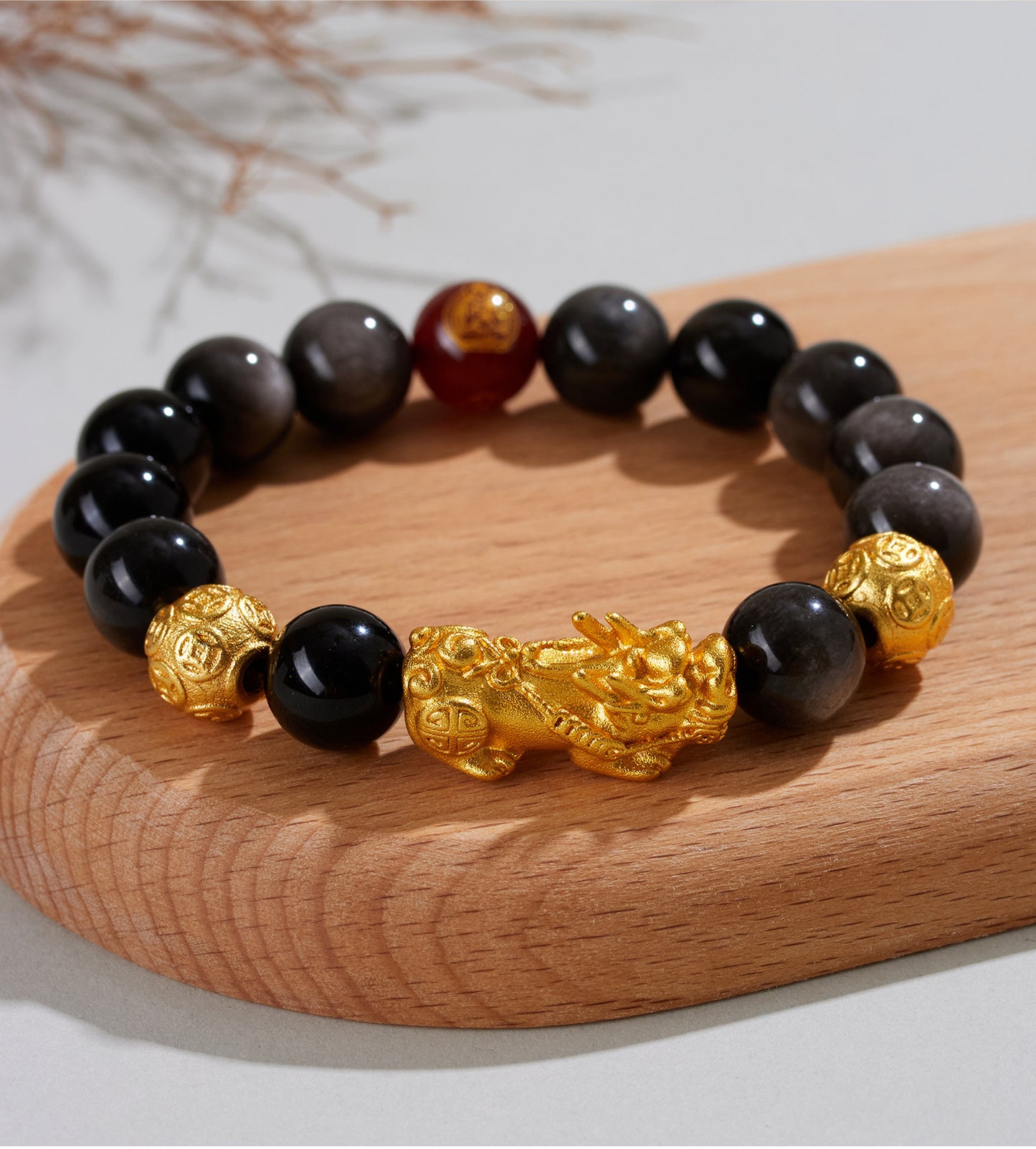 Natural Obsidian Gold Pixiu Zodiac Buddha Bracelet for Wealth Protection and Spiritual Harmony