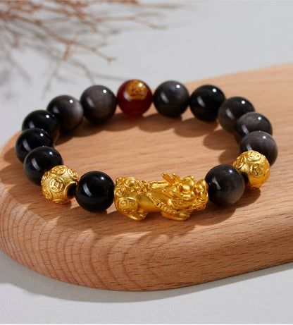 Natural Obsidian Gold Pixiu Zodiac Buddha Bracelet for Wealth Protection and Spiritual Harmony
