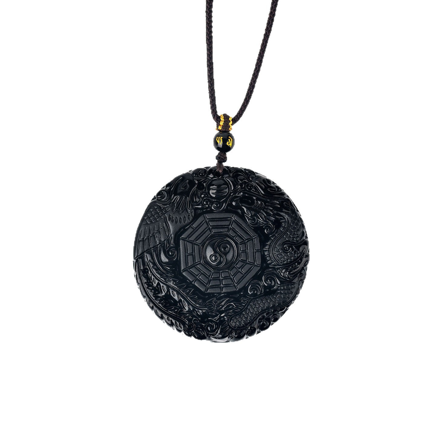 Natural Obsidian Dragon Phoenix Tai Chi Bagua Round Pendant Necklace - Harmony & Protection Amulet