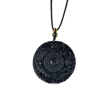 Natural Obsidian Dragon Phoenix Tai Chi Bagua Round Pendant Necklace - Harmony & Protection Amulet
