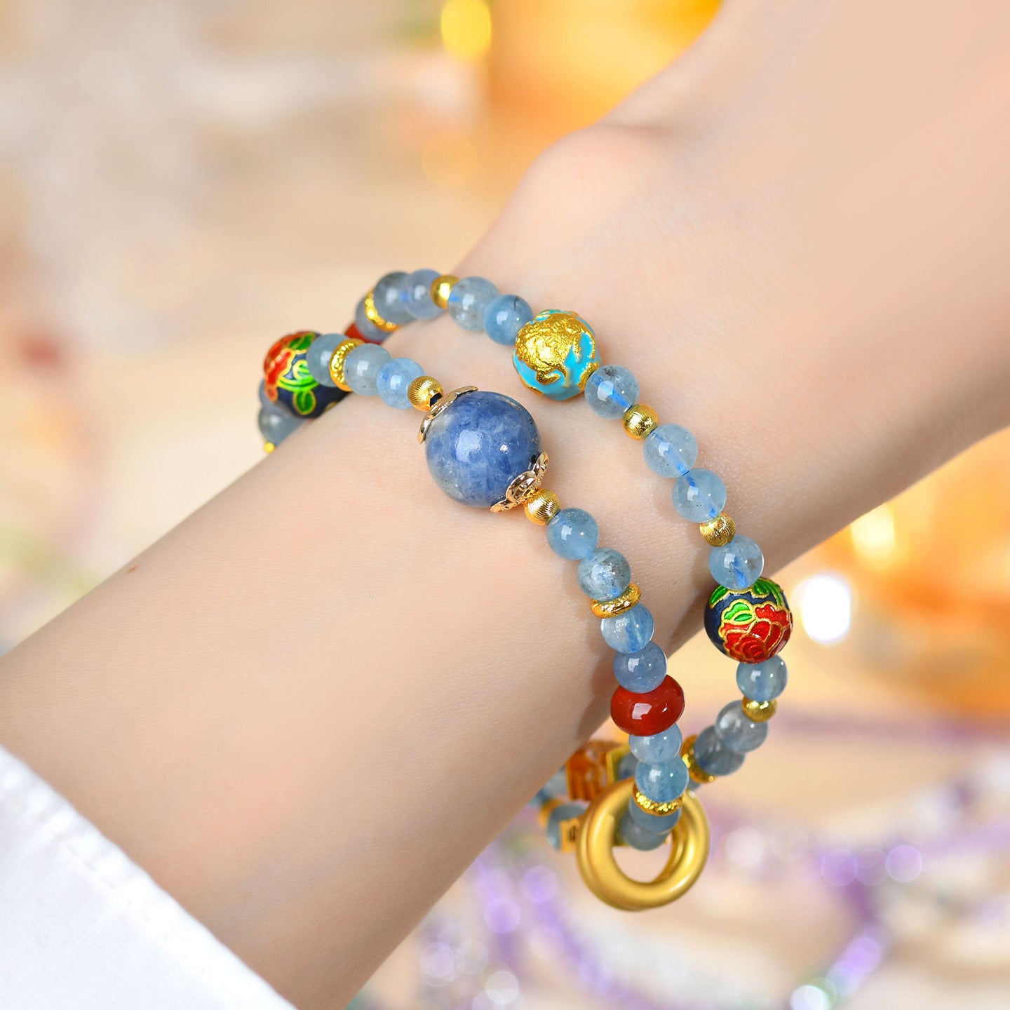 Natural Aquamarine Kyanite Double Circle Bracelet with Southern Red Agate Peace Buckle - Women's Spiritual Elegance