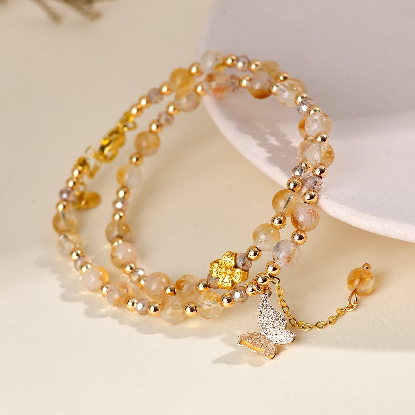 Natural Yellow Pagoda Crystal Butterfly Tassel Double Circle Bracelet for Women