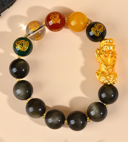 Natural Ice Obsidian Five-Way Wealth God Pixiu Bracelet for Zodiac Year Fortune