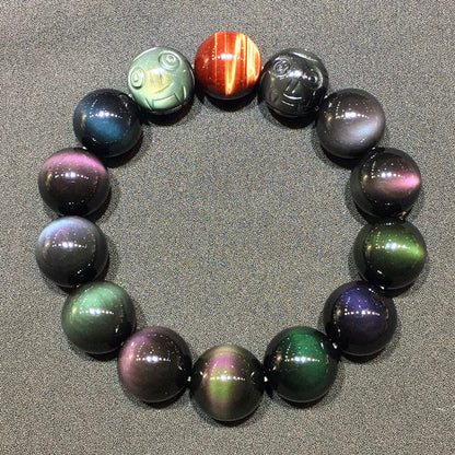 Natural Rainbow Double-Eyed Obsidian Carved Pixiu Bracelet with Red Tiger Crystal - Wealth Guardian Amulet