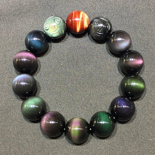 Natural Rainbow Double-Eyed Obsidian Carved Pixiu Bracelet with Red Tiger Crystal - Wealth Guardian Amulet