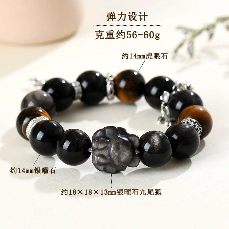 Natural Yellow Tiger Eye Silver Obsidian Nine-Tailed Fox Bracelet | Wisdom Charm Protection Couple Amulet
