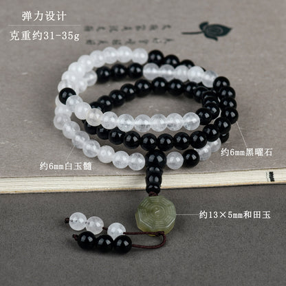 Tai Chi Bagua Flowing Bead Bracelet with White Agate and Black Obsidian | Spiritual Protection Balance