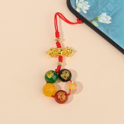 Natural Agate Five-Way God of Wealth Pendant with Vajra Buddha Beads - Mystical Wealth Charm