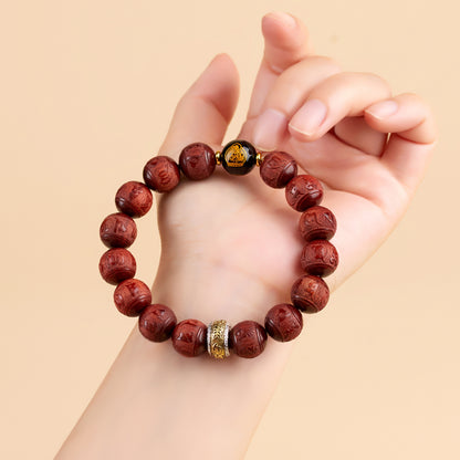 Small Leaf Red Sandalwood Six-Word Mantra Black Obsidian Guardian Deities Zodiac Bracelet for Couples