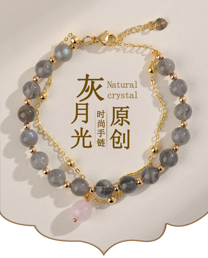 Natural Gray Moonstone & Labradorite Double-Layer Bracelet - Women's Elegant Crystal Jewelry