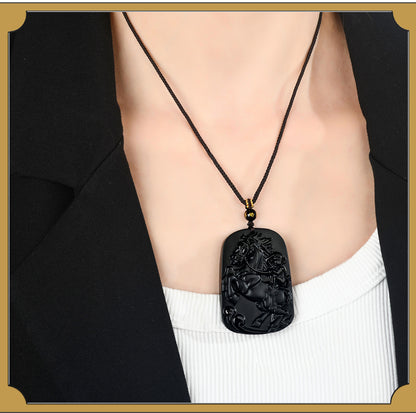 Natural Obsidian Horse Ascends to Marquis Pendant - Career Luck Amulet for Men & Women
