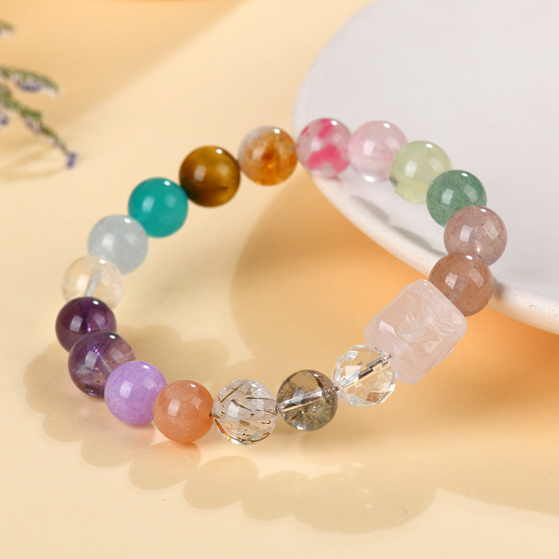 Natural Crystal Multi-Gem Rose Quartz Phoenix Peony Bracelet - Black Gold Super Seven Energy Talisman