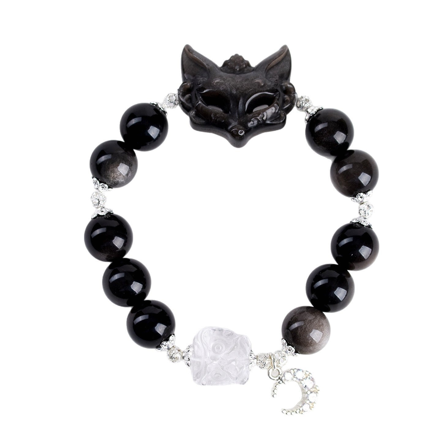 Silver Obsidian Fox Mask Bracelet with White Crystal Lion Awakening - Chinese Style Women's Spiritual Jewelry