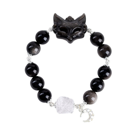 Silver Obsidian Fox Mask Bracelet with White Crystal Lion Awakening - Chinese Style Women's Spiritual Jewelry