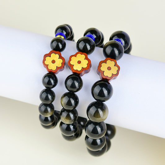 Gold Obsidian Double Eye Bracelet with Lucky Clover - Feng Shui Protection & Wealth Attraction