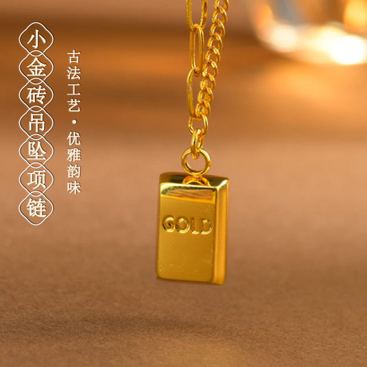 Golden Wealth Brick Pendant Necklace | Elegant Clavicle Chain for Prosperity and Luck