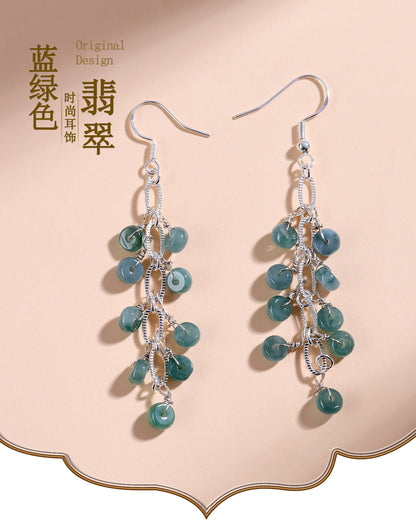 Natural Blue Green Jade Earrings with Tassel | Chinese Style Light Luxury Women's Jewelry
