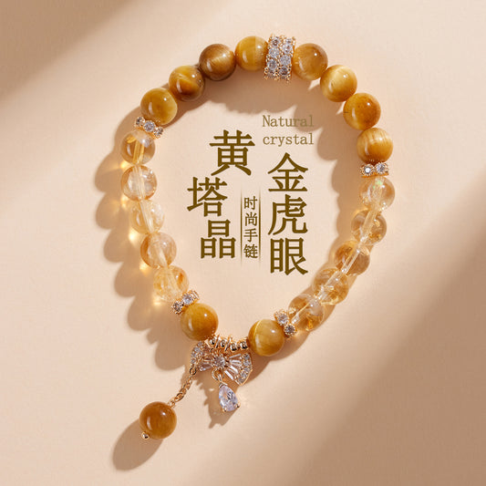 Natural Yellow Tower Crystal and Gold Tiger Eye Bow Tassel Bracelet - Wealth Attraction and Spiritual Protection