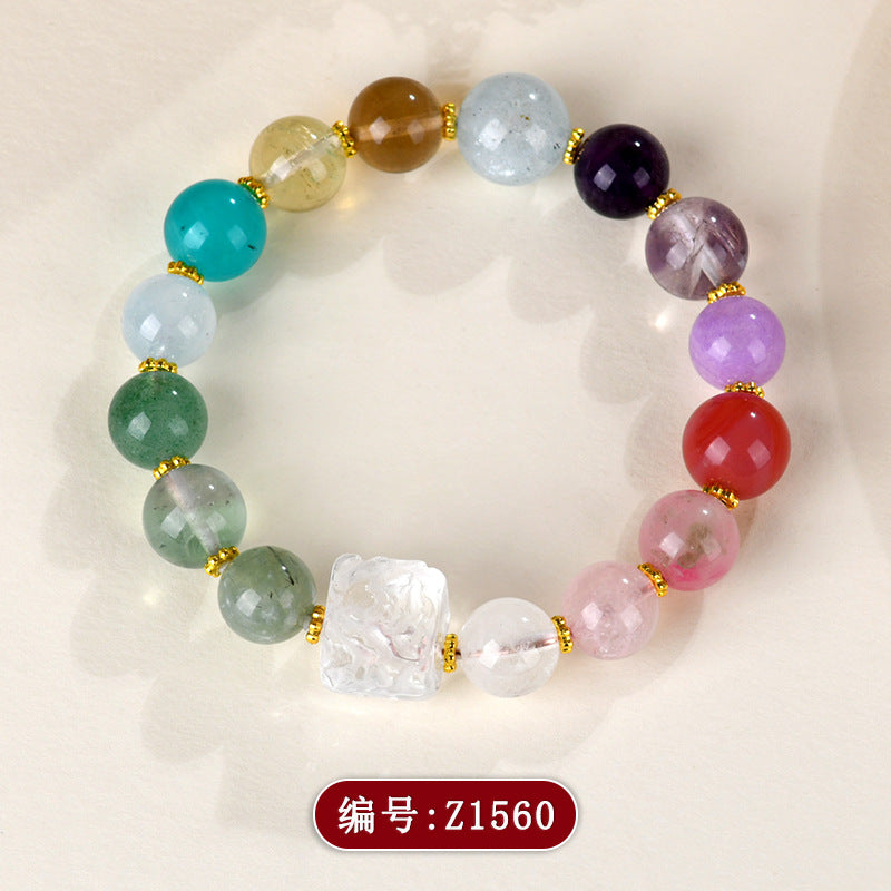 Natural White Crystal Phoenix Peony Multi-Gem Bracelet - Colorful Macaron Design for Women